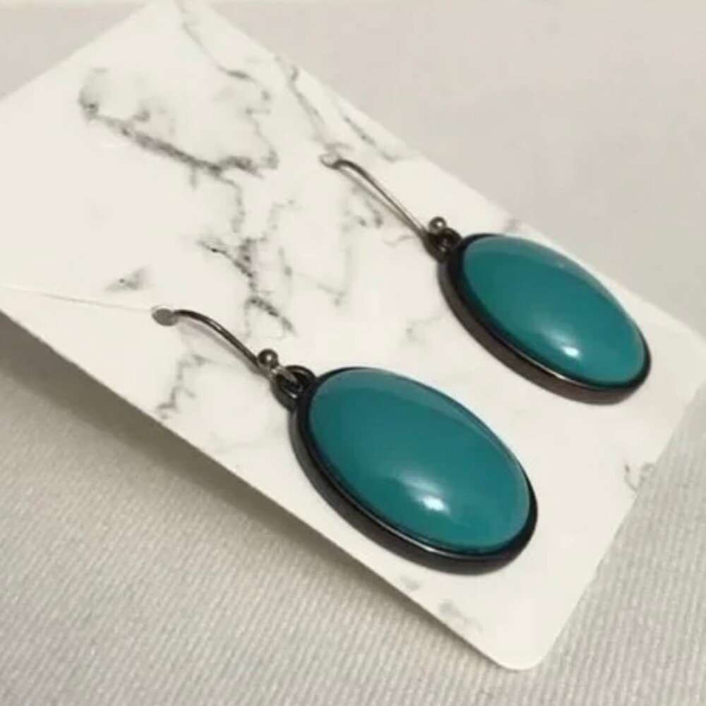 Oval Blue Cabochon Pierced Dangle Earrings